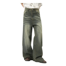 Load image into Gallery viewer, SHADOW FASHION CLOTHING men's loose wide-leg denim jeans in a faded green-grey wash with a casual worn-out design.
