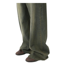 Load image into Gallery viewer, SHADOW FASHION CLOTHING loose-fit wide-leg denim jeans in a faded olive green wash with a casual worn-out aesthetic.
